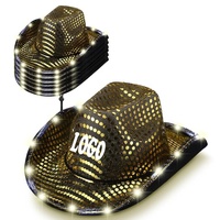 Cappello da Cowboy con Paillettes Nere e Oro e Luci LED Lampeggianti, Copricapo Scintillante in Stile Western per Feste a Tema Carnevale