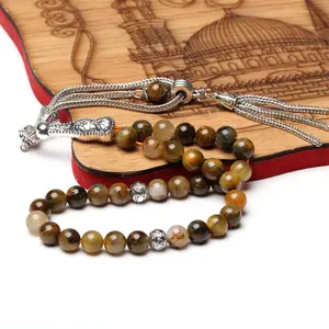 Natural Yellow Pietersite stone muslim prayer 33 beads tasbih handmade rosary beads islamic misbaha silver tassel subha beads