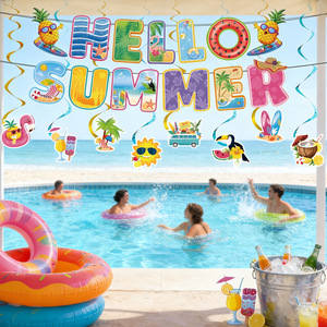 Hawaiian Themed Party Decoration <b>Banner</b> Hanging Set Summer Party Supplies Paper Die Cut Cartoon Design Rectangle Durable - Product Image 1