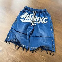 Pantalones Cortos Deportivos Personalizados con Bordado de Diamantes de Imitación, Estilo Vintage, Lavado Ácido, Desgastados, Holgados, 3/4 de Largo para Hombre