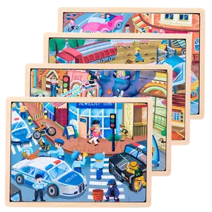 Wooden 24/48 Piece Police Car Space Theme 4 In 1 Pegged Puzzles Firetruck Jigsaw Puzzle Toys For Kids Boys Girls Toddlers