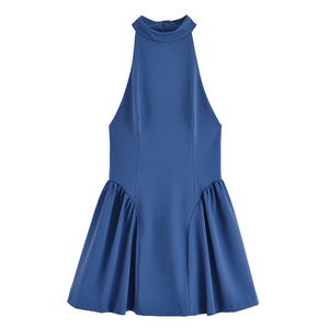 Vestido Mini sin Mangas con Cuello Alto y Corte en A, Azul Sólido, Elegante para Fiesta, de Poliéster Tejido, Ajustado con Dobladillo Acampanado, Vestido Casual de Verano - Product Image 5