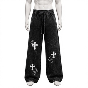 Pantalon de jogging unisexe en coton, coupe ample et oversize, style streetwear hip-hop, avec broderie croisée, effet délavé vintage, jambe large - Product Image 1