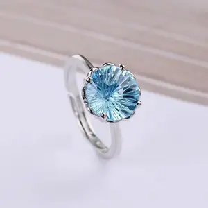 Grosir Pabrik Perhiasan Cincin Batu Biru Bulat Mode Baru Zirkon 925 Sterling Silver Topaz Cincin Batu Permata Wanita