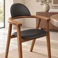 Fauteuil de salle à manger en bois de noyer massif, chaise d'appoint incurvée de style Japandi avec siège rembourré en cuir pour cuisine, salle à manger et café