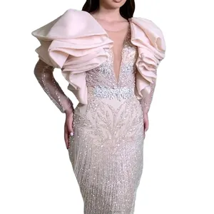 2022 Mode Frauen Luxuriöses Meerjungfrau Kleid Rüschen Deep V-Neck Prom Kleider Langarm Party Maxi Shining Pailletten Abendkleid