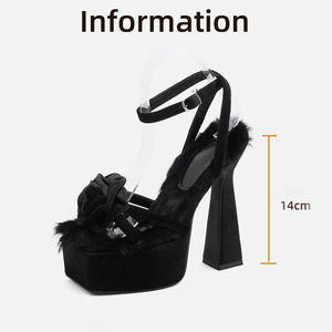 รองเท้าส้นสูงแฟชั่นผู้หญิงแบบกำมะหยี่ รุ่นปี 2025 หัวเปิด ประดับดอกกุหลาบ ทรงเหลี่ยม พร้อมพื้นกันน้ำ ส้นหนา สำหรับฤดูหนาวและฤดูร้อน - Product Image 6