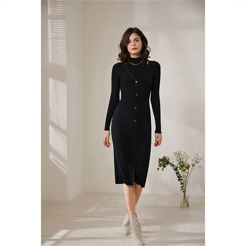 Factory Wholesale Top Grade Clothes Regular Sleeve Silk Dress Women Sweater Dress