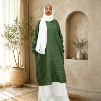 Ensemble deux pièces en lin vert uni, haut à manches longues à col rond et jupe longue blanche, tenue décontractée pour femmes, vêtements islamiques