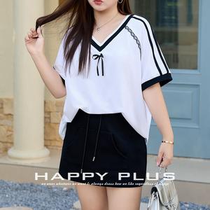 Happy Plus <b>Lace</b> Bow V-Neck Loose T-Shirt <b>Black</b> White Plus Size Women Jersey <b>Top</b> N9280 - Product Image 1