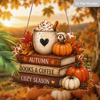 Thème d'automne, livres et café, citrouilles, symboles de feuilles d'érable, panneaux décoratifs en bois, saison chaleureuse, décorations de porche