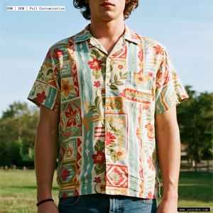 卸売カスタムロゴデザイン90％ポリエステル10％スパンデックスメンズカジュアルシャツビーチウェアボタンアップリゾートビーチハワイアンシャツメンズ - Product Image 5