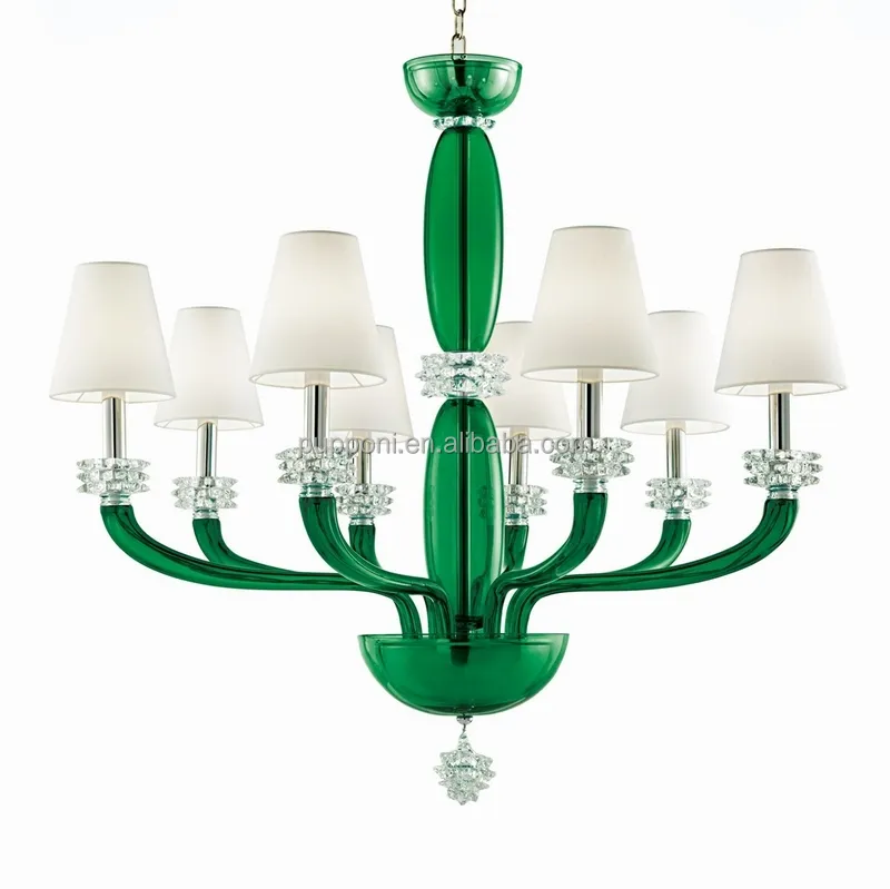 European 8 light Green glass chandelier in clear crystal white shades