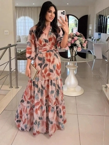 Nuovo Stile Estivo 2026: Abito Lungo Retrò con Stampa a Foglie e Scollo a V, Design Avvolgente in Vita per un Look Sottile ed Elegante - Set Abito da <span class=keywords><strong>Donna</strong></span> - Product Image 4