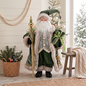 Forest Green Velvet Santa Claus Doll with Jewelled Gold Sceptre for Luxury Retail <b>Xmas</b> Display - Product Image 1
