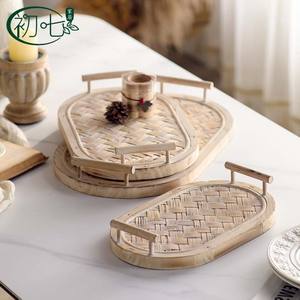 Juego de bandejas de servir de bambú estilo bohemio, rectangulares y ovaladas, para decoración del hogar, escritorio o cafetería. - Product Image 1