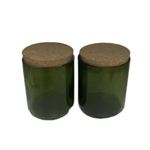 热卖定制300毫升10盎司绿色切割酒瓶玻璃蜡烛罐容器香味切割蜡烛罐支架带木盖