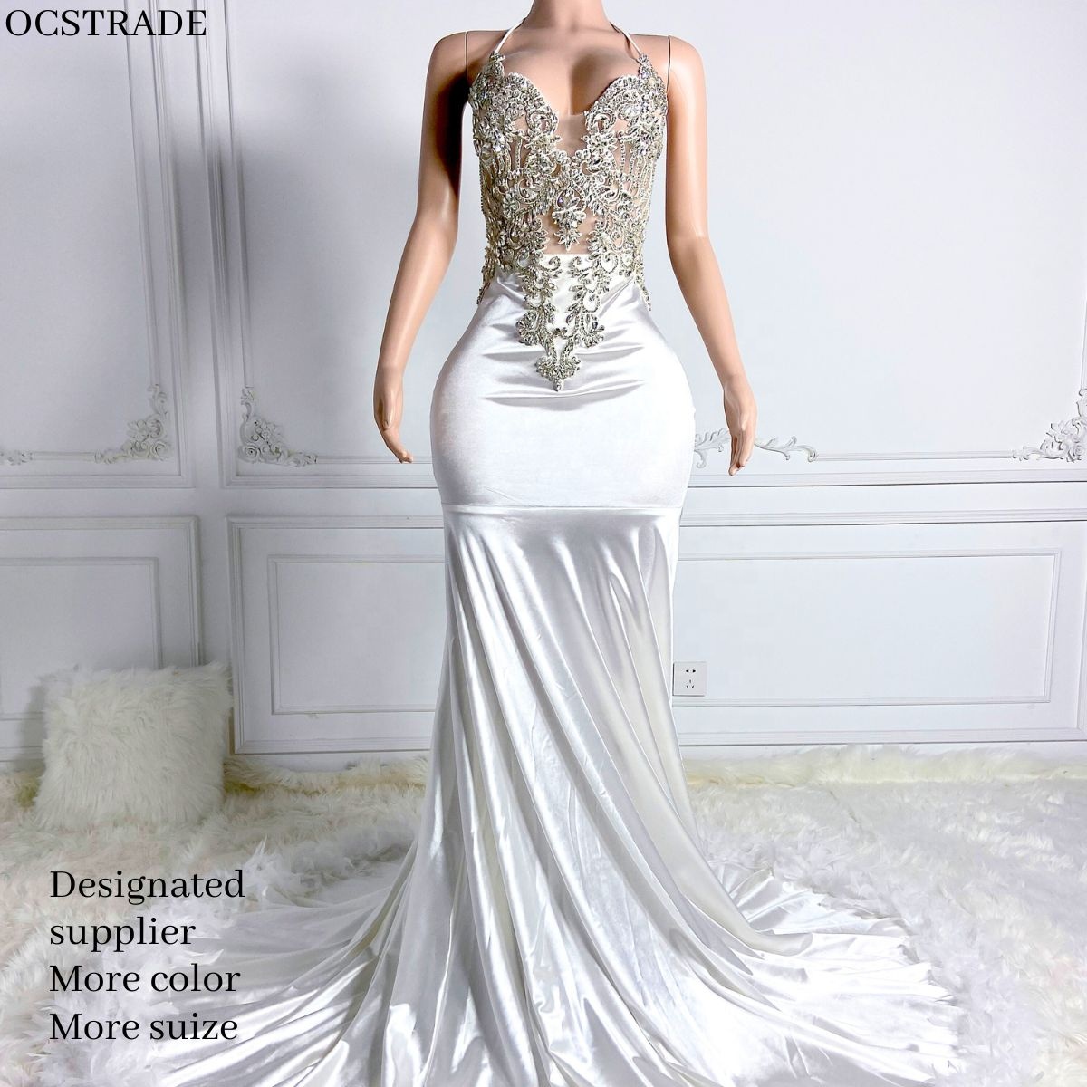 green emerald velvet dress White Mermaid Gold Beading Black Long Prom Dresses main image 1