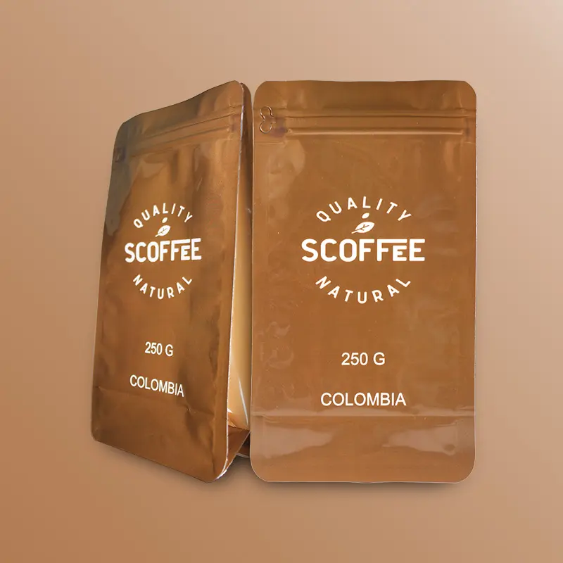 Bolsa de café con logotipo personalizado de fábrica, bolsa de granos de café de fondo plano con válvula, cremallera de embalaje de té en polvo con refuerzo