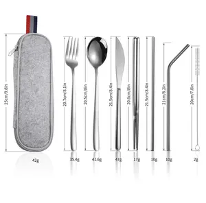 7 pcs食品级便携式可重复使用的不锈钢304餐具套装刀叉勺筷子和吸管套装