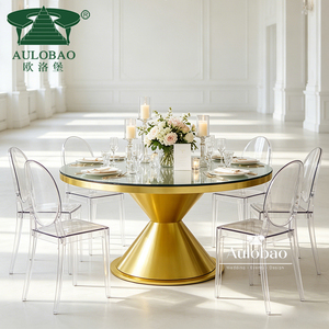 Luxurious Gold Stainless Steel Glass Top Round <b>Tables</b> and Chairs for Events - Product Image 4