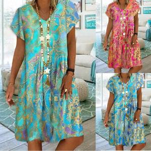 V-<b>neck</b> Printed Casual Dress Loose Waist Short Sleeve Floral Pattern Daily Wear Summer Style <b>Light</b> Blue And Red - Product Image 1