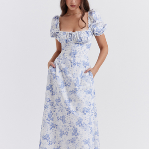 Abito lungo estivo casual da donna OEM elegante blu <span class=keywords><strong>con</strong></span> stampa floreale, linea ad A, maniche a palloncino corte - Product Image 1