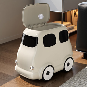 Creative Kids Trash Can Cartoon Bus Shape Portable Narrow Bin For Children's Room Indoor Use White Red Press Down Version - Product Image 4