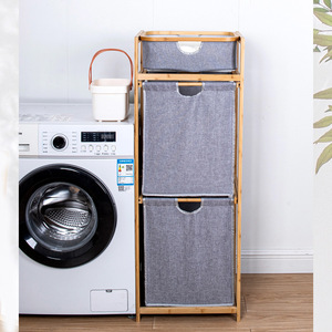Bamboo Wood <b>Laundry</b> Storage Rack 3 Tier Gray Canvas Clothing Organizer <b>Standing</b> Space Saving - Product Image 4