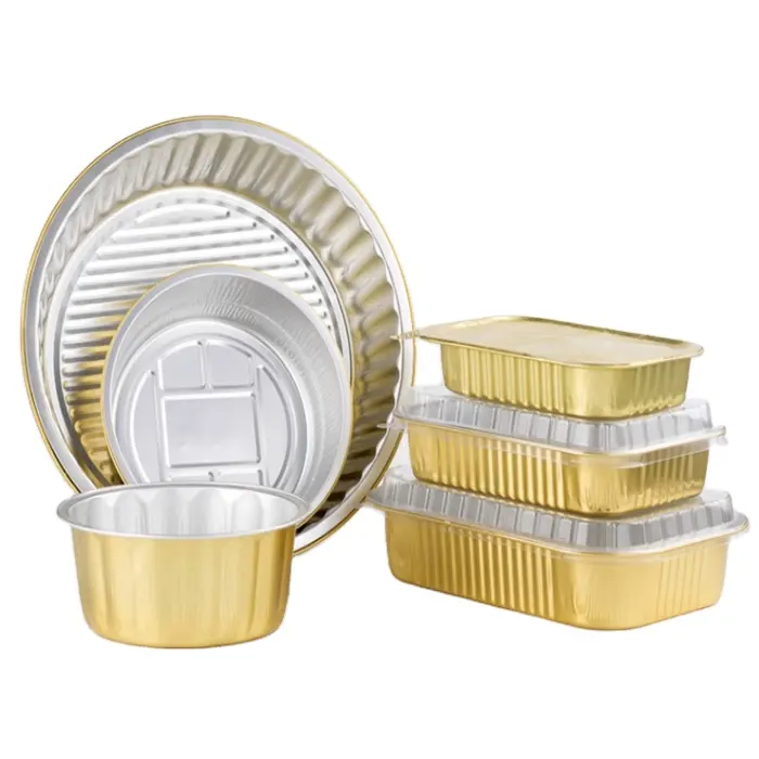Contenedor de embalaje de alimentos de papel de aluminio dorado, reciclable desechable con tapa, fiambrera, venta al por mayor