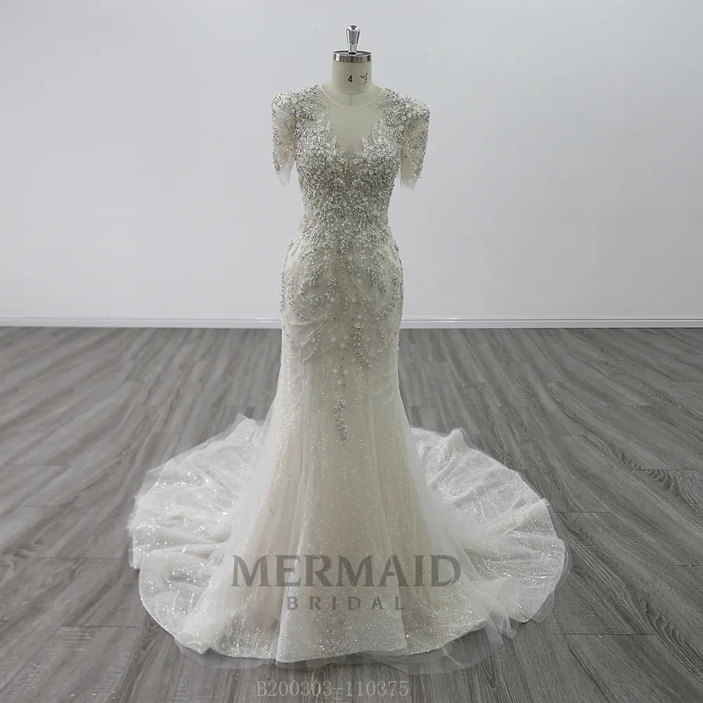 Short Sleeves Beaded Bodice Mermaid Wedding Dress