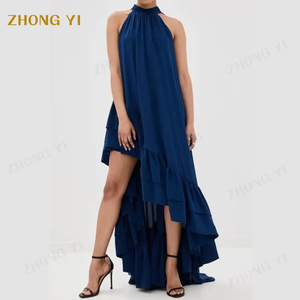 Vêtements personnalisé bleu à volants <span class=keywords><strong>haut</strong></span>-bas irrégularité étage longueur ras du cou sans manches femmes élégante mode fête Maxi robe - Product Image 2