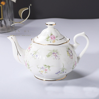 Vintage QIAN HU rétro européen Style britannique Floral décalcomanie os chine après-midi thé 570ml théière avec jante en or véritable