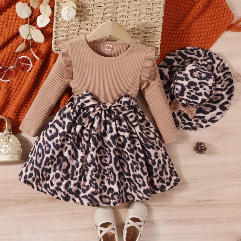 2023 Toddler Girls 2 Piece Outfits Leopard Print Patchwork Long Sleeves A-Line Dress with Belt and Hat for Party Cute Clothes