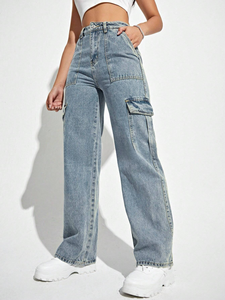 Pantalones Cargo Bajos de Mezclilla para <span class=keywords><strong>Mujer</strong></span> al por Mayor, Estilo Cool Girl, con Bolsillos, Vintage, de Pierna Ancha, Holgados, de Poliéster/Algodón - Product Image 4