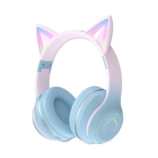 2025 New Arrival Gradient Color LED Light Cat Ear Over Ear Wireless  Headphones Long Battery