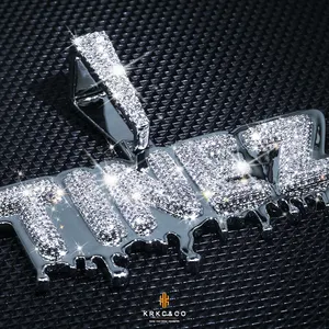 KRKC Bling CZ Iced Out Lớn Custom Made Tên Khối Thép Không Gỉ Kim Loại Lớn Nhỏ Giọt Chữ Mặt Dây Chuyền Với Tên