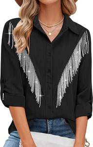 Camicia Elegante da <span class=keywords><strong>Donna</strong></span> Stile Western Personalizzata, Sexy e Casual, Manica Lunga con Colletto a Risvolto e Nappine, Paillettes Glitterate, Nera, 2026 - Product Image 4