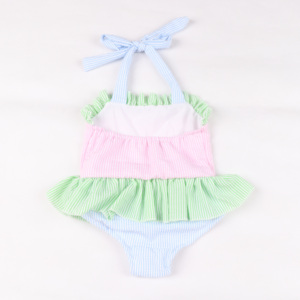 <span class=keywords><strong>Maillot</strong></span> <span class=keywords><strong>de</strong></span> <span class=keywords><strong>bain</strong></span> une pièce tendance pour filles, à rayures colorées pastel, avec volants doux au niveau du cou, pour tout-petits et enfants - Product Image 1