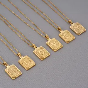 Kalung rantai baja tahan karat 316L, berlapis emas 18K A-Z huruf alfabet liontin kalung persegi untuk pria wanita
