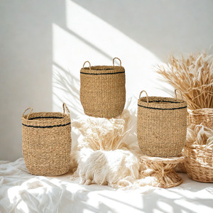 Panier à linge vintage en jonc de mer écologique, motif rayures noires, tissé naturellement, pour la décoration intérieure, exportation mondiale - Product Image 3