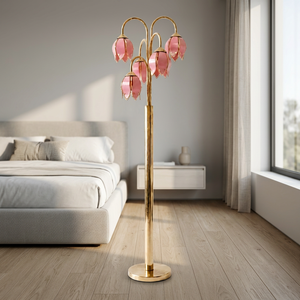 Lámpara de Pie con Forma de Tulipán Rosa, Pantalla de Cristal, Base de Metal, Luz LED Decorativa Ajustable para Dormitorio o Sala de Estar - Product Image 6