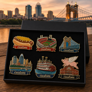 Lot de badges émaillés personnalisés de Cincinnati en gros, avec boîte cadeau, badges de revers du stade de baseball <span class=keywords><strong>Coney</strong></span>, souvenirs de voyage, ensemble de badges culturels du fleuve Ohio - Product Image 1