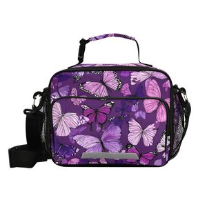 Portable Eco-friendly Purple Butterfly Pattern Custom Logo 2 Persons Kids Thermal <b>Insulated</b> <b>Lunch</b> Bag Zipper Adjustable Strap - Product Image 1