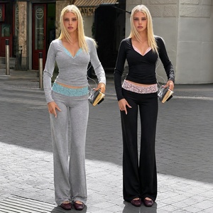 Women's Lace Spliced V Neck Long Sleeve Two Piece <b>Set</b> Casual Sportswear Wide Leg Flare Pants Solid Color Jogger Outfit - Product Image 1