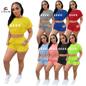 Conyson New Fashion Women Popular New Design Solid Crop Top With Bind Drawstring Short Legging Gym Yoga Wear Sets Fitness Set