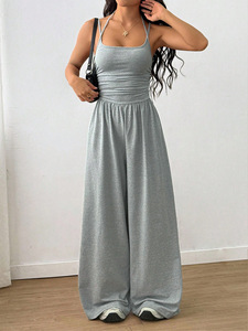 Custom Women Halter Neck High Waist Jumpsuit Bandeau Cami Wide Leg Loose Fit Summer Casual Top Anti-Wrinkle Ruched Screen - Product Image 4