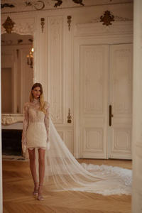 Ruolai HL638 кружевное мини-платье с высоким воротом и длинными рукавами 2 в 1 свадебное платье со съемной юбкой - Product Image 3