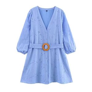 Vestido Mini Casual de Moda para Mujer, Cuello en V, Lazos Azules, Bordado con Ojales, Manga Larga - Product Image 2
