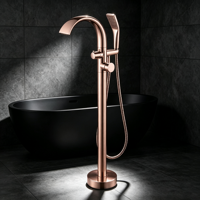 Robinet de douche sur pied moderne en or rose brossé avec jet de pluie, 1 poignée, hauteur 1065 mm, pour salle de bain